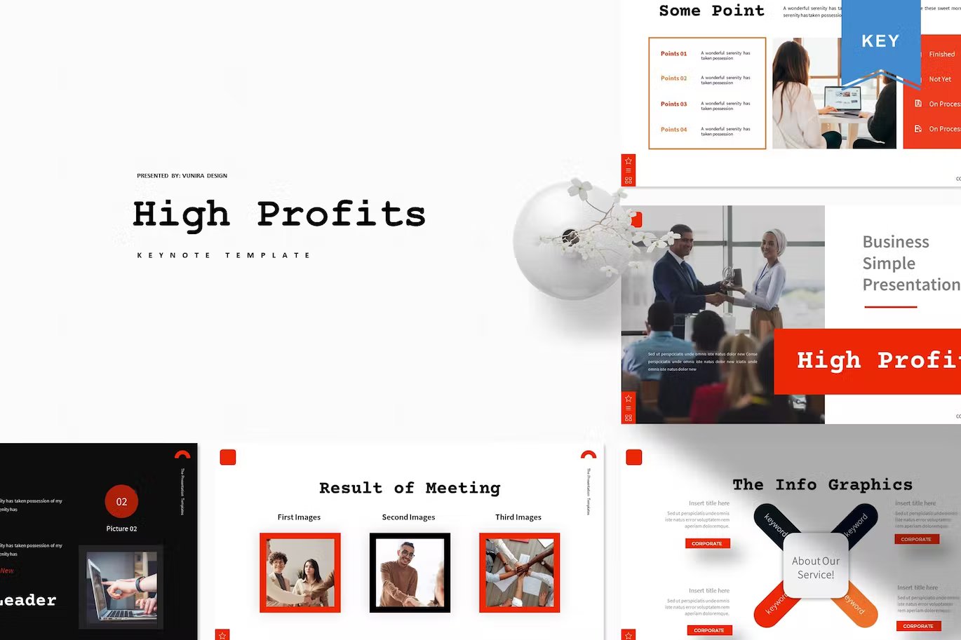 Black lettering "High Profits Keynote Template" and different presentation templates on a white background.