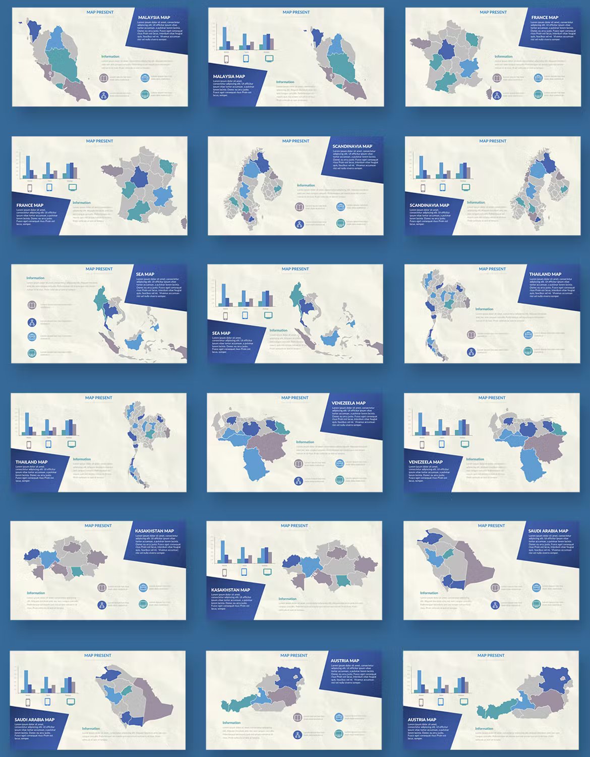 A set of 18 different assign powerpoint templates in blue, gray, green and white on a blue background.