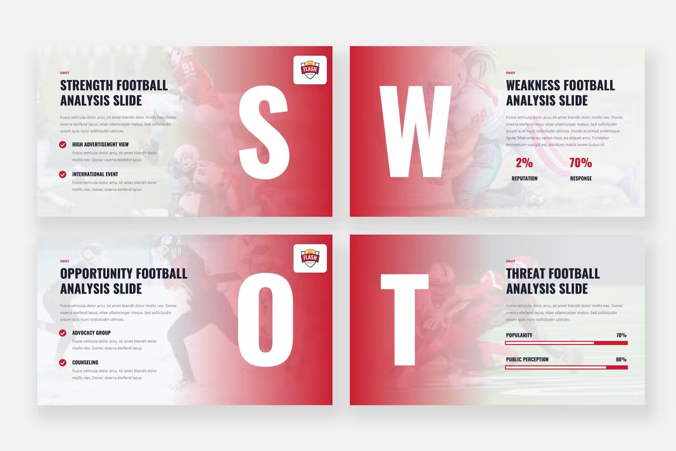 A set of 4 different flash blast – american football sport powerpoint templates in red, gray and black on a gray background.