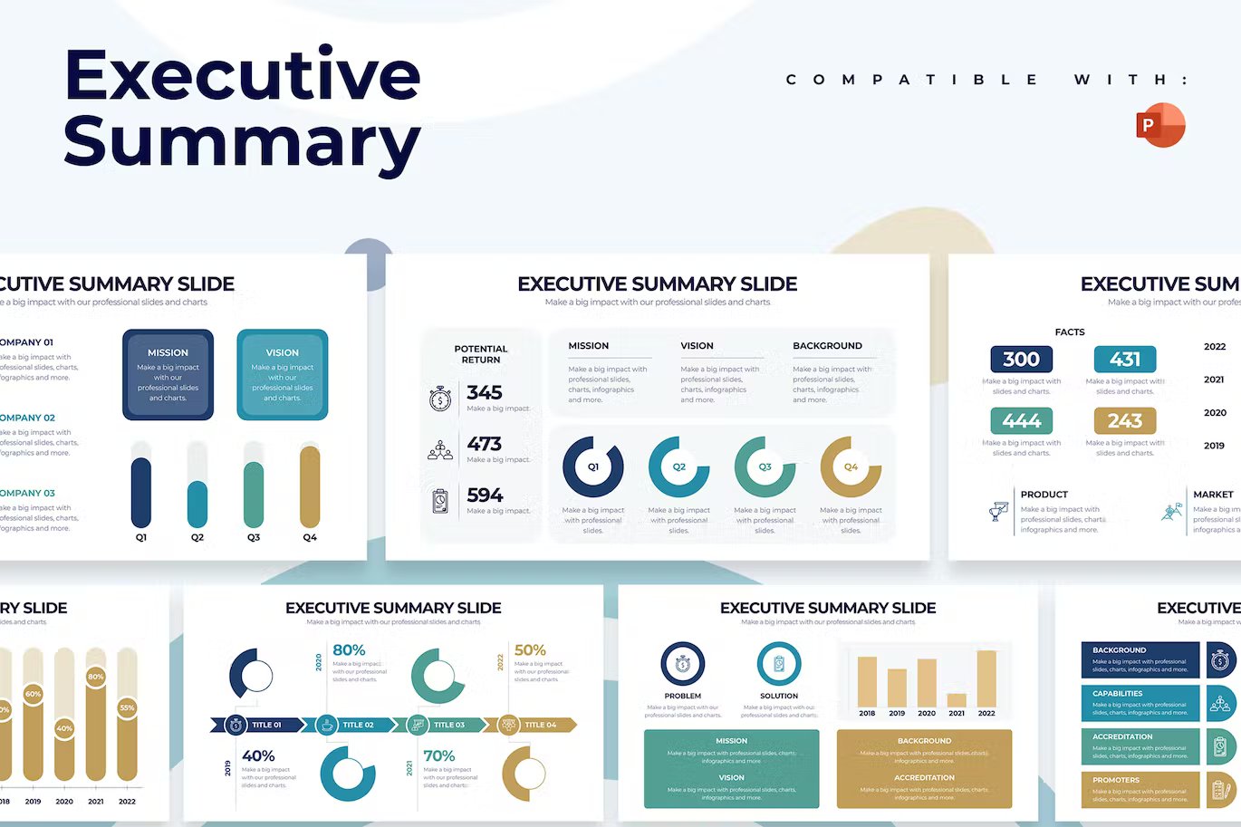 Black lettering "Executive Summary" and different presentation templates on a light blue background.