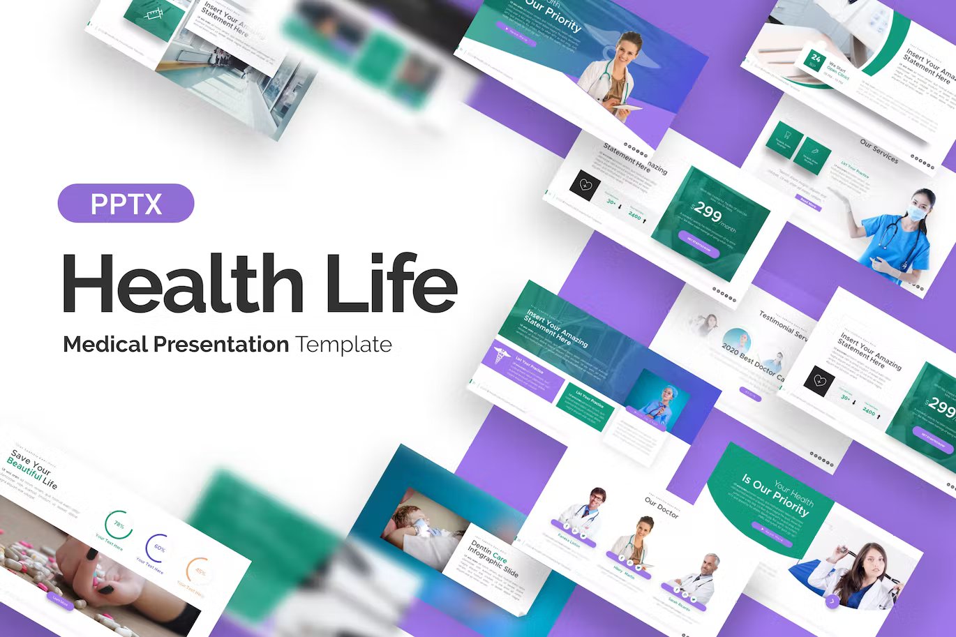 Black lettering "Health Life Medical Presentation Template" and different presentation templates on a white and purple background.