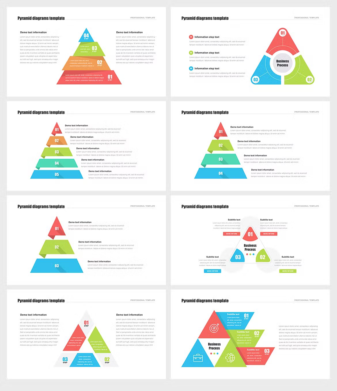 A set of 8 different pyramid infographic templates in black, white, blue, green and red on a gray background.