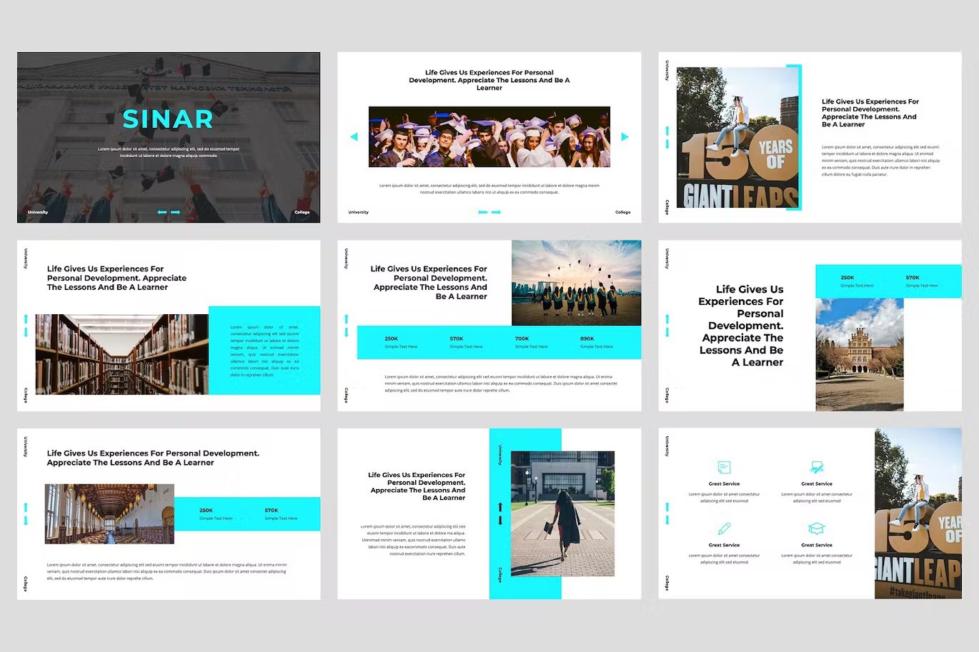 A set of 9 different sinar universiteit presentation templates in light blue, white, gray and black on a gray background.