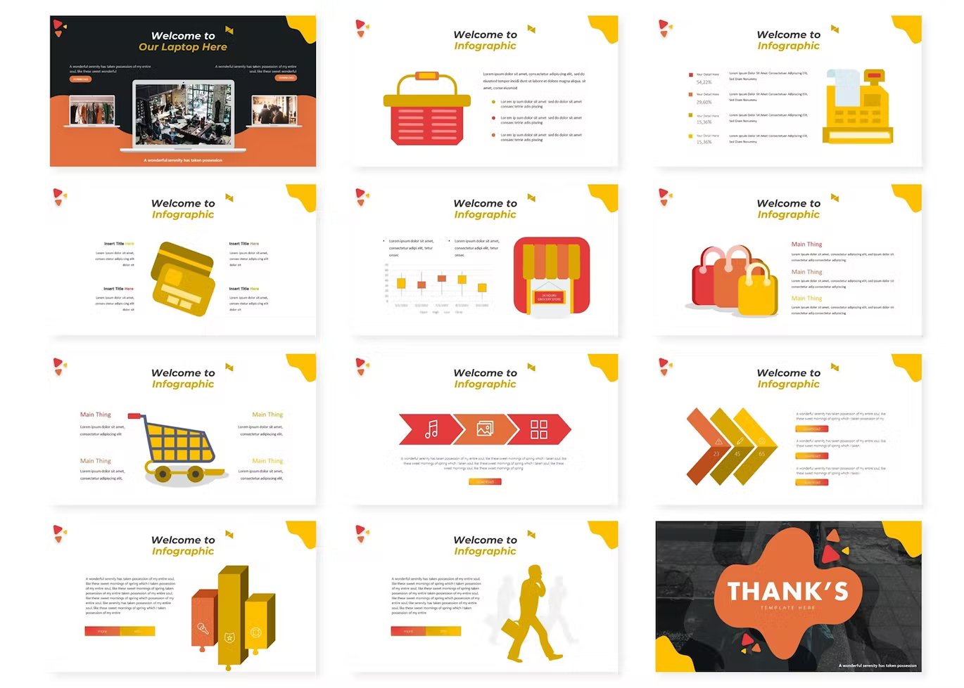 A set of 12 different shop google slides templates in red, orange, yellow, white and dark gray on a white background.