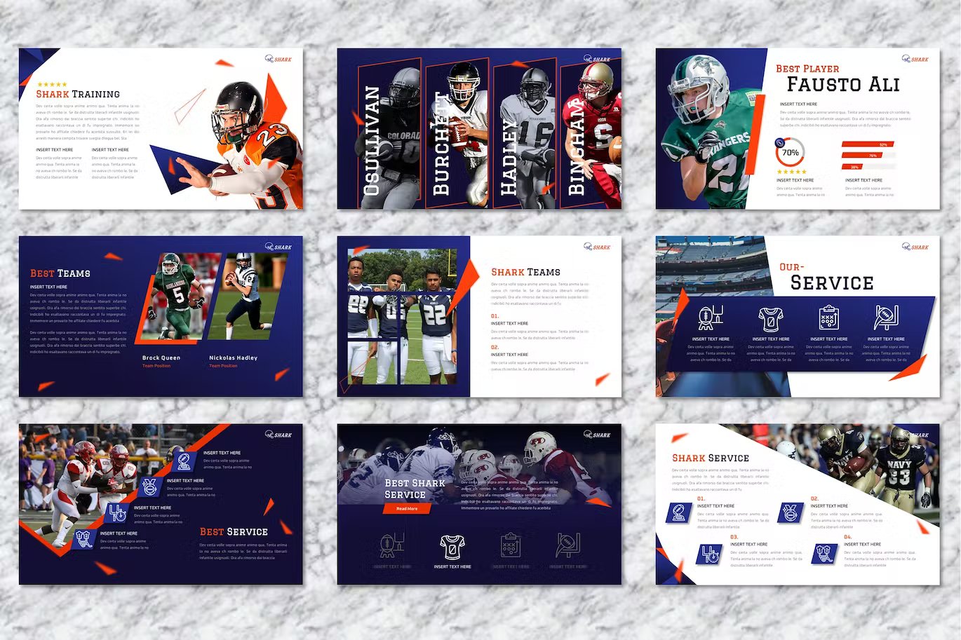 A set of 9 different shark - american football powerpoint templates in white, blue, red and black on a marble background.
