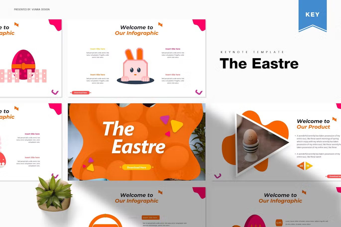 Black lettering "The Eastre Keynote Template" and different the easter keynote templates in orange, white, dark gray, yellow and pink on a white background.