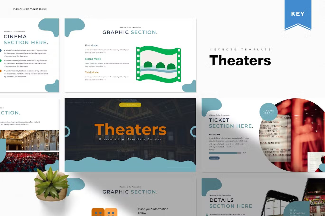 Black lettering "Theaters Keynote Template" and different presentation templates on a white background.