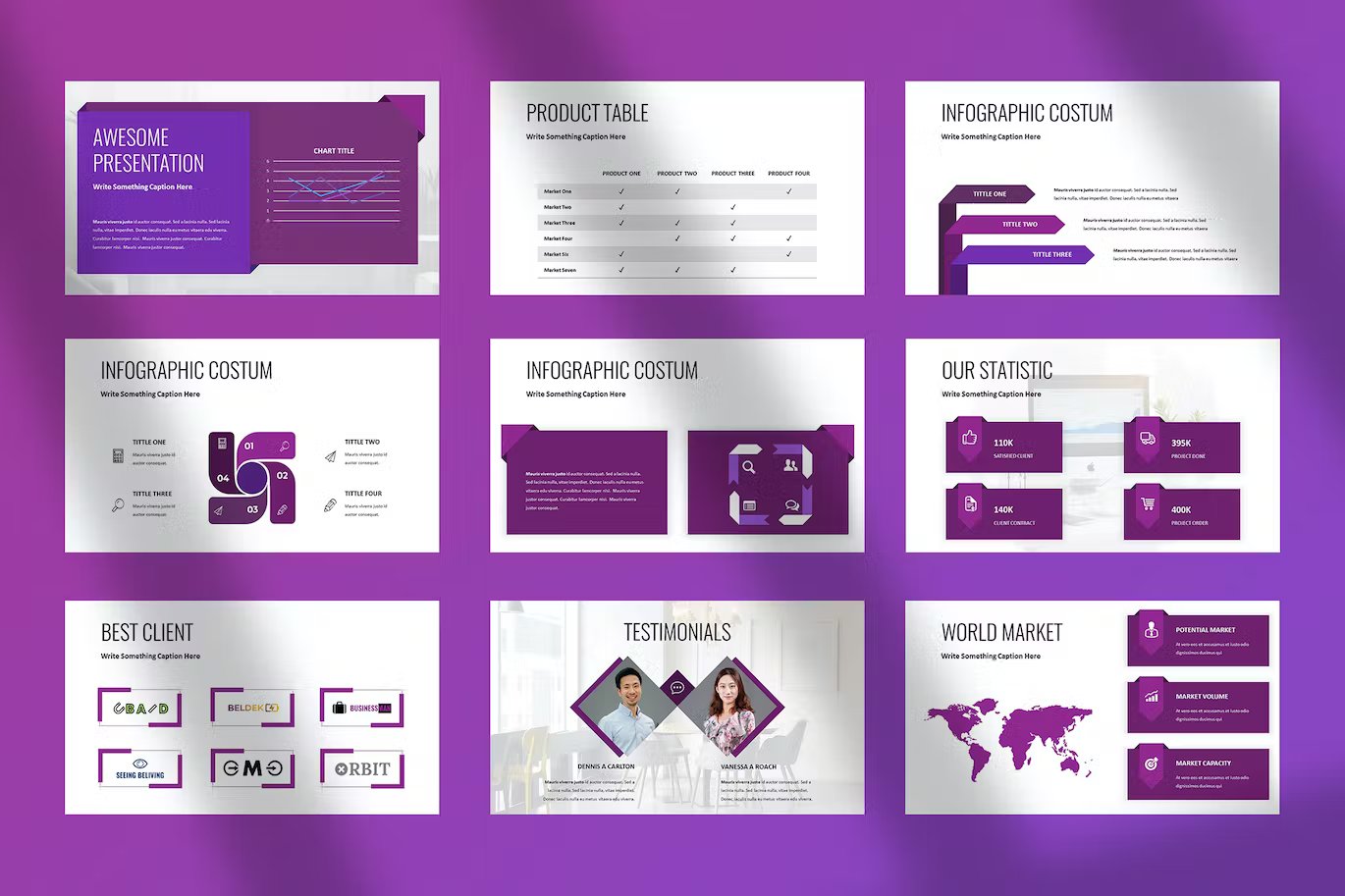 A set of 9 different executive - powerpoint presentation for business templates in white, purple and black on a purple background.