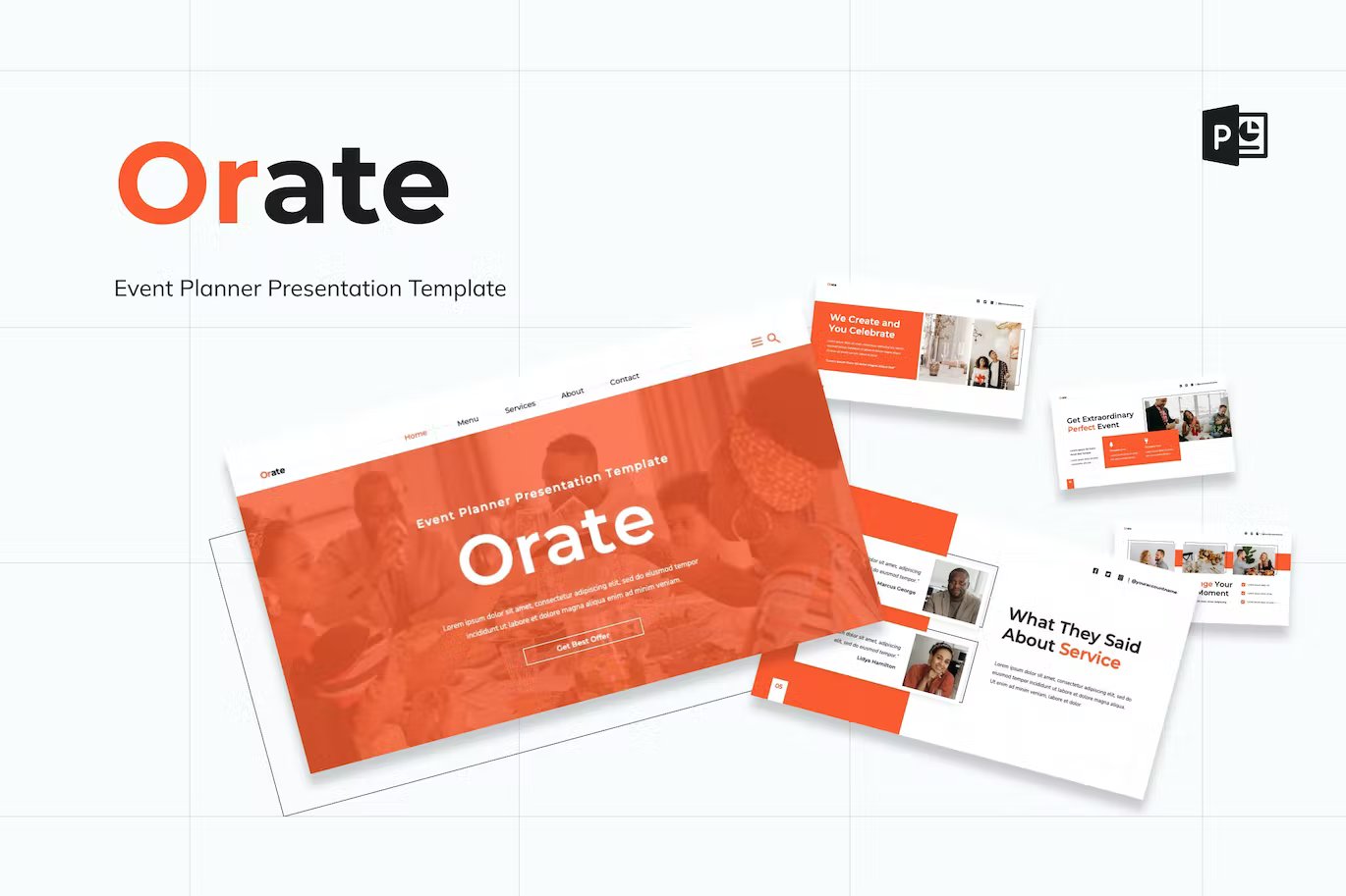 Red and black lettering "Orate Event Planner Presentation Template" and different presentation templates on a gray background.