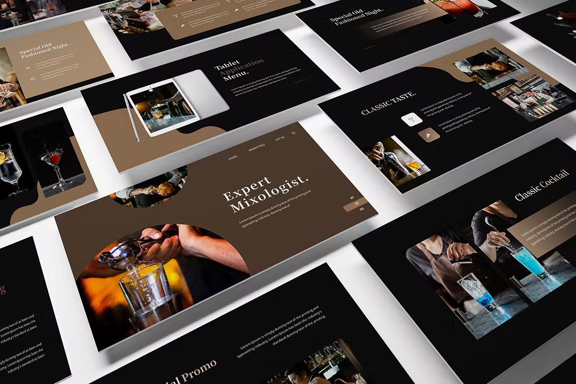 Different presentation templates in black, white and beige.