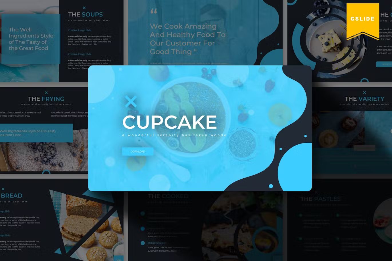 Cupcake google slides template in blue, white and dark blue on the background of different presentation templates.