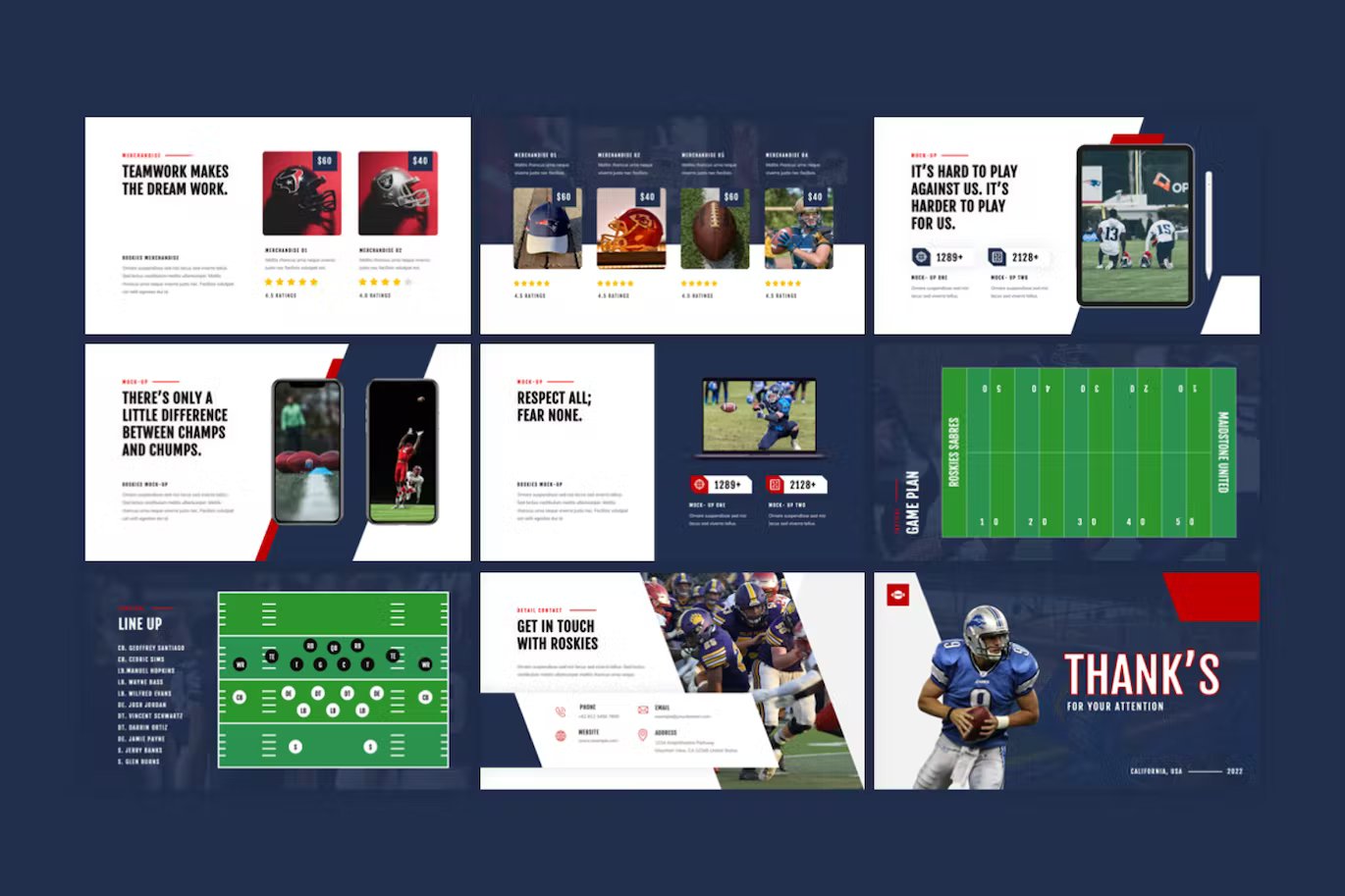 A set of 9 different roskies - american football powerpoint templates in white, blue, red and black on a blue background.
