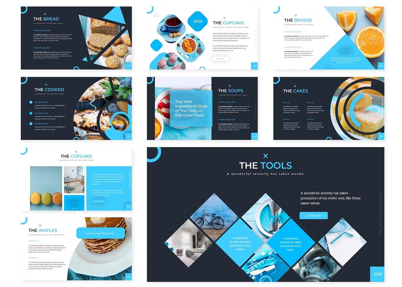 A set of 9 different cupcake google slides templates in blue, white, dark blue and black on a white background.