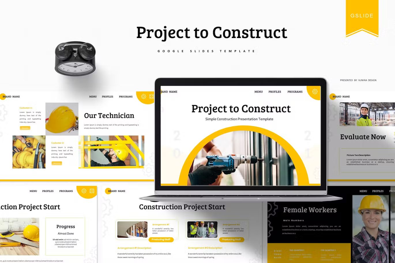 Black lettering "Project To Construct Google Slides Template" and different presentation templates on a white background.
