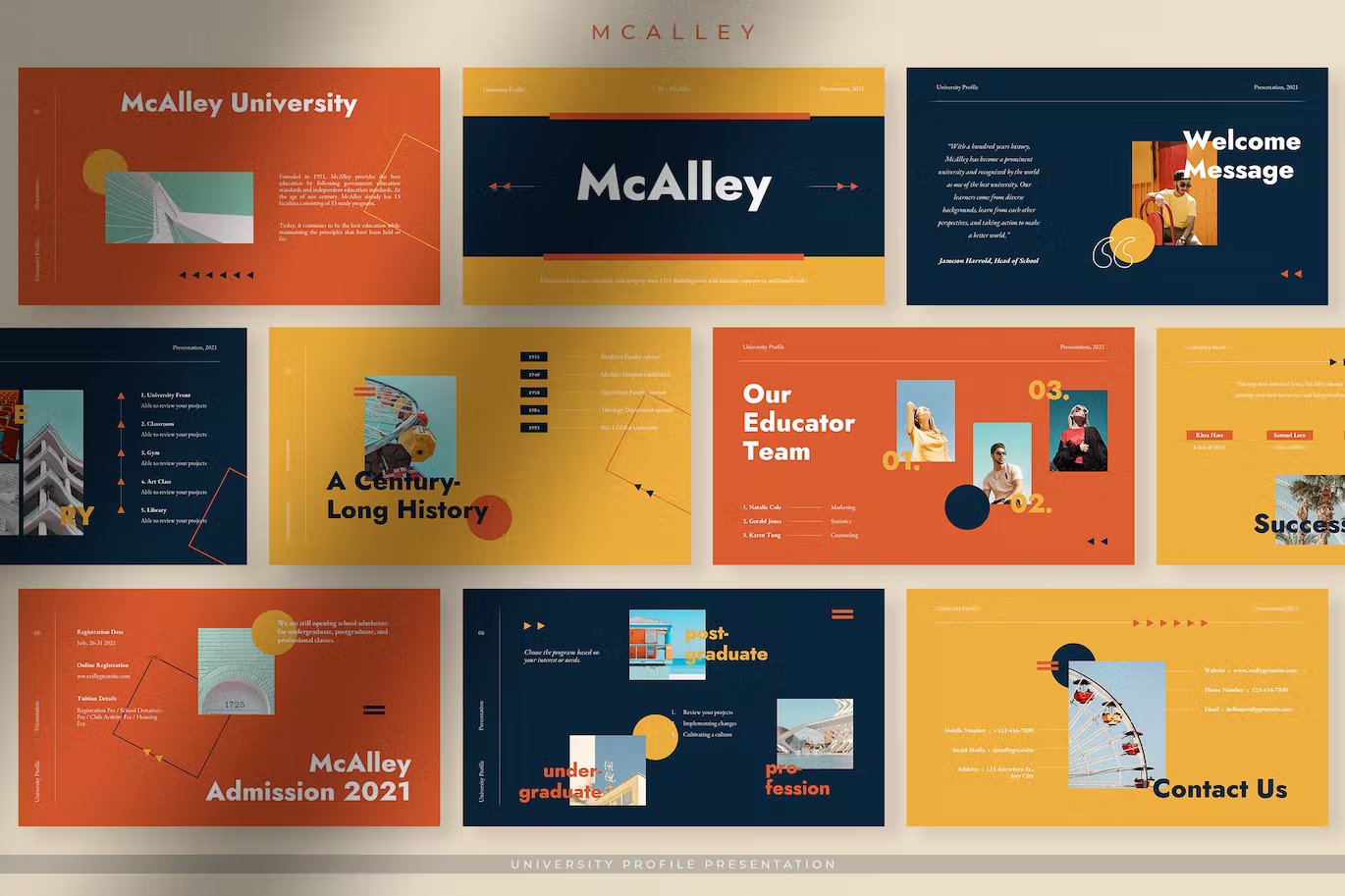 A set of different mcalley creative university profile presentation templates in orange, white, yellow, dark blue and black on a beige background.