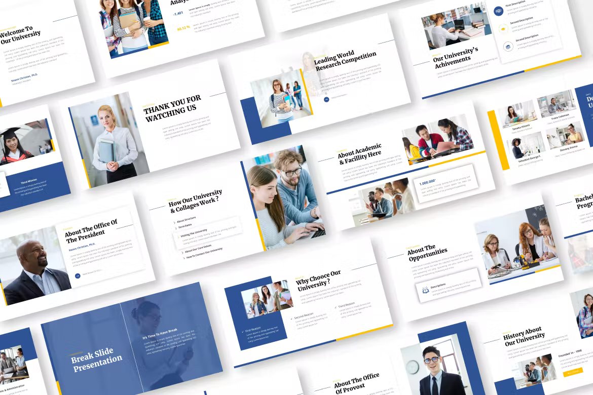 A set of different higher education presentation templates in white, blue, yellow and black on a white background.