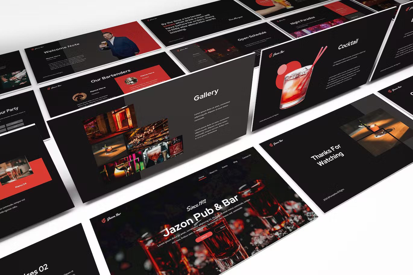 Different presentation templates in black, red and white.