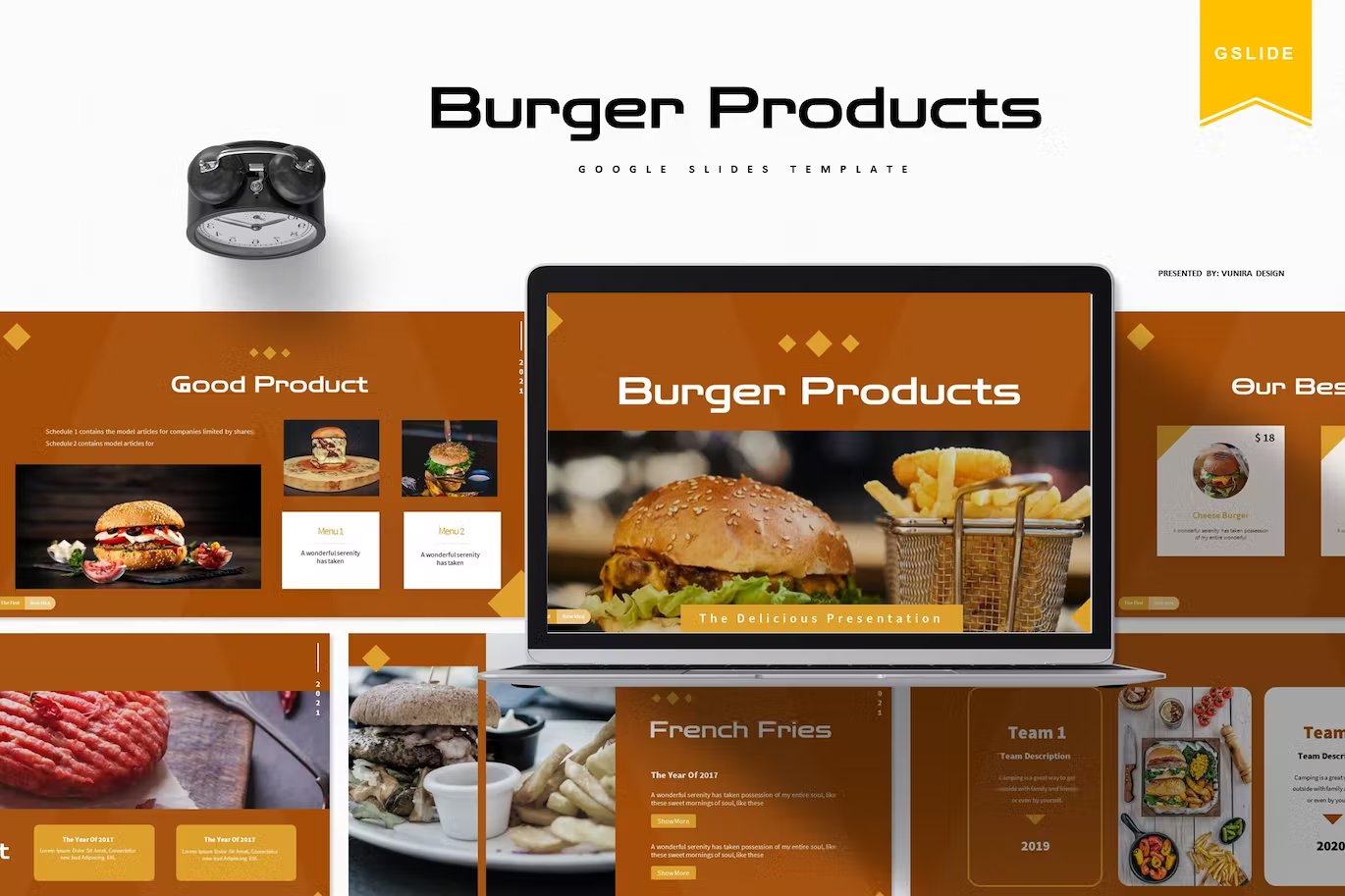 Black lettering "Burger Products Google Slides Template" and different presentation templates on a white background.