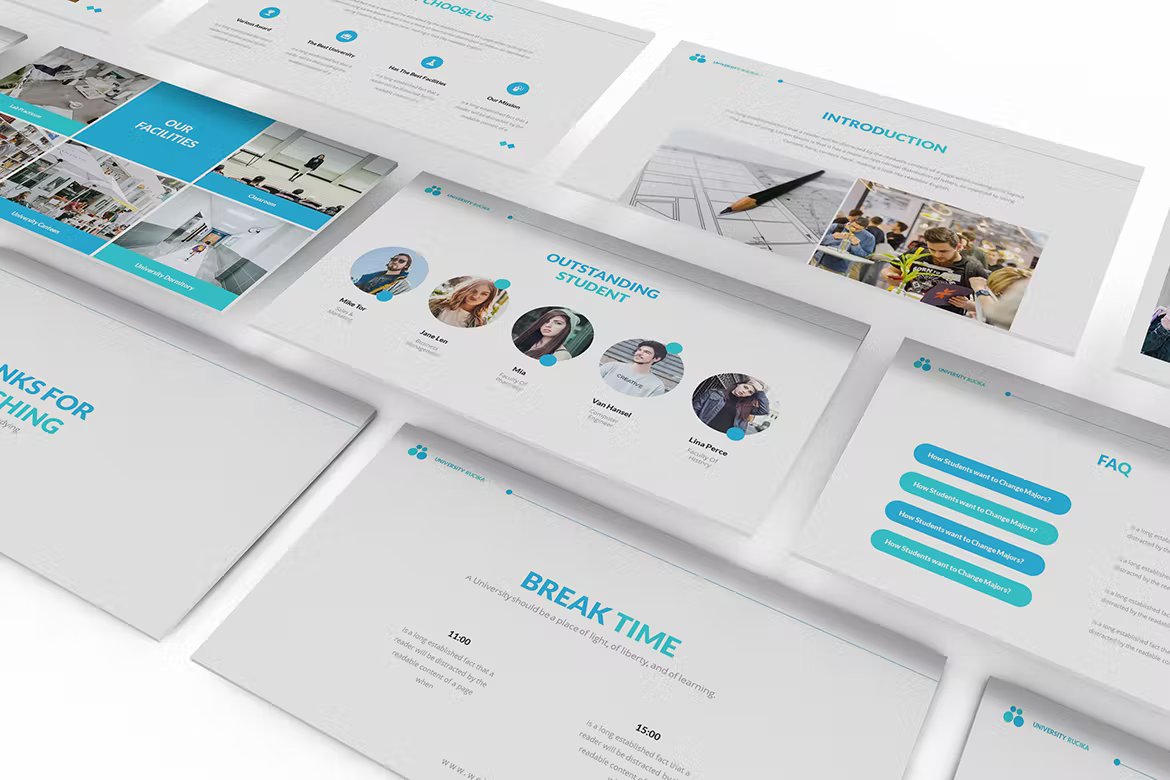 A set of different university presentation templates in white, blue and gray on a white background.