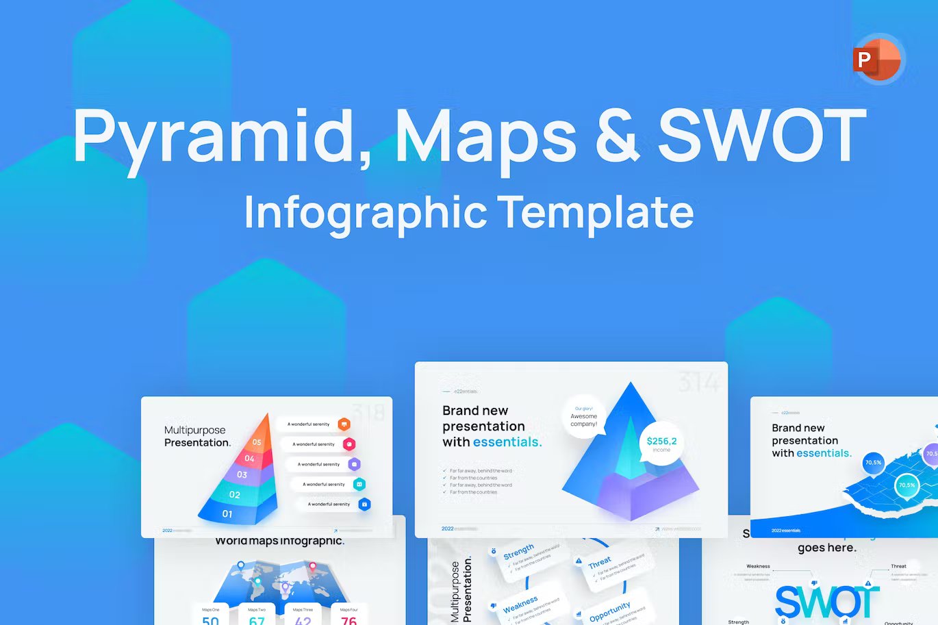 White lettering "Pyramid, Maps & Swot Infographic Template" and different presentation templates on a blue background.