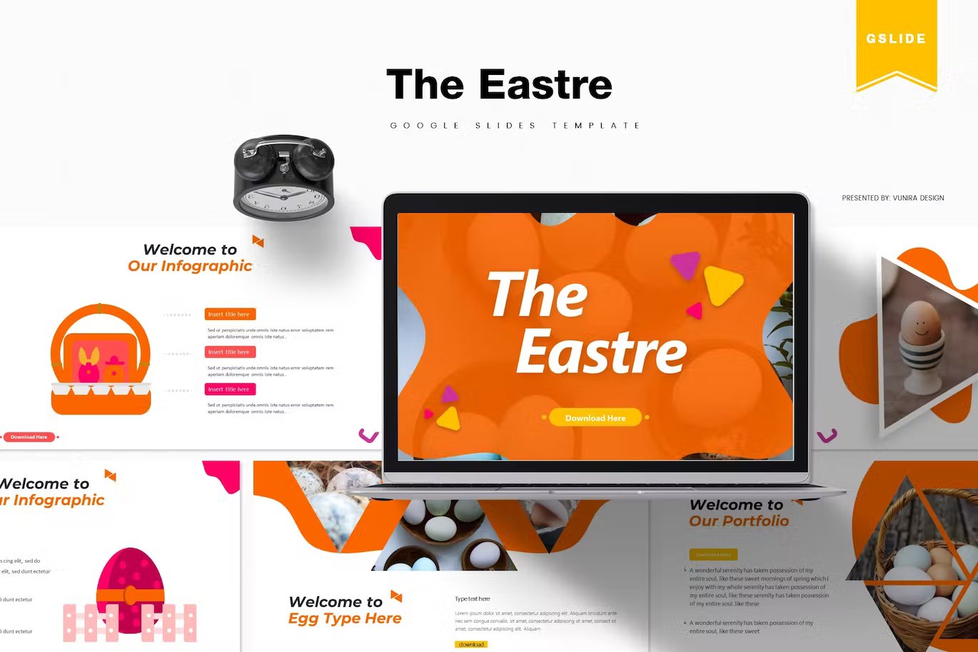 Black lettering "The Eastre Google Slides Template" and different the easter google slides templates in orange, white, dark gray, yellow and pink on a white background.