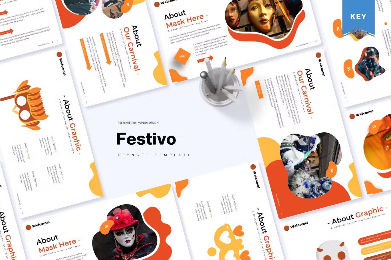 Black lettering "Festivo Keynote Template" and different presentation templates in white, black, orange, red and yellow on a white background.