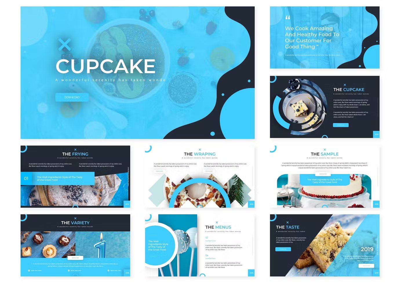 A set of 9 different cupcake keynote templates in blue, white, dark blue and black on a white background.