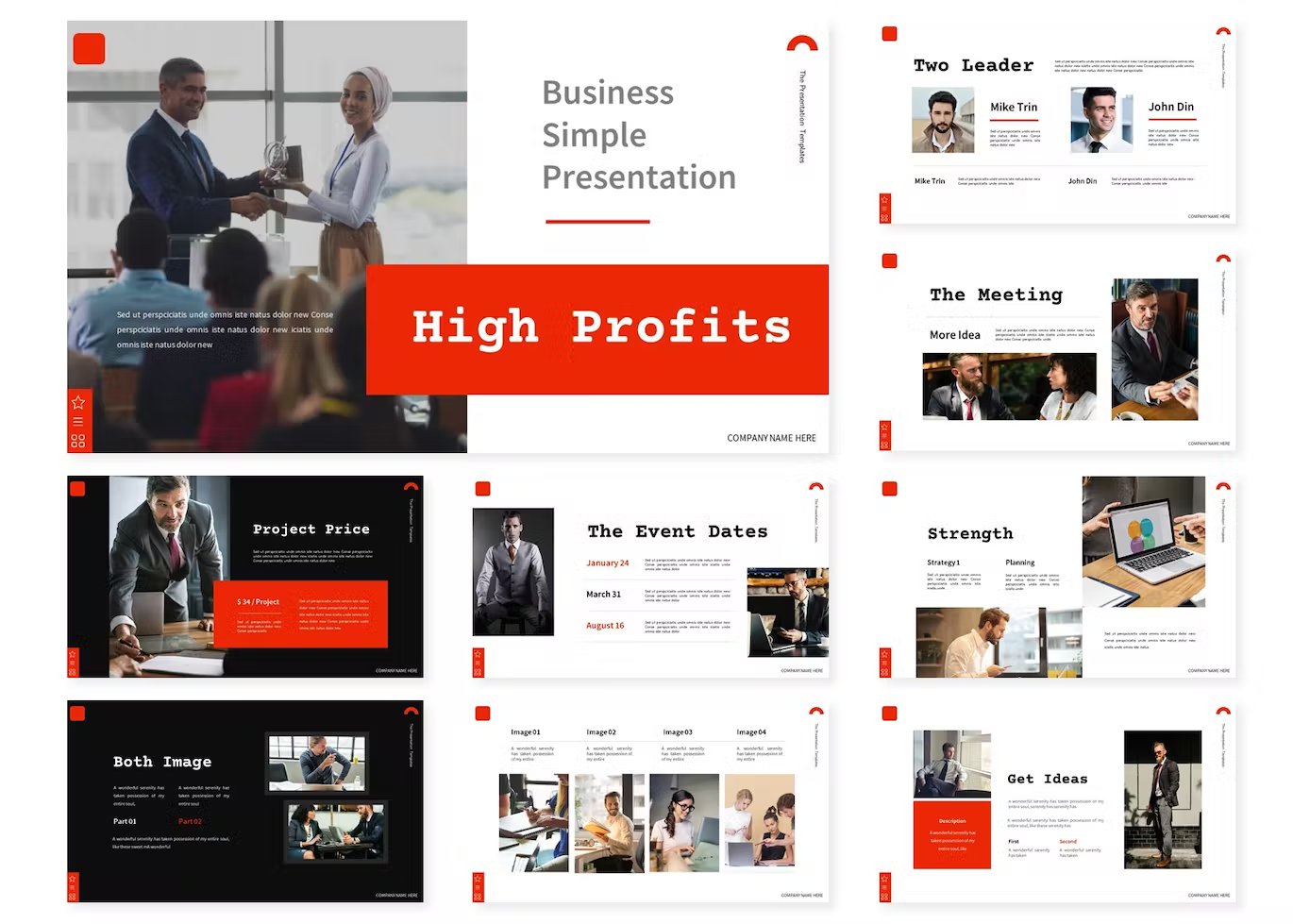 A set of 9 different high profits powerpoint templates in black, white and red on a white background.