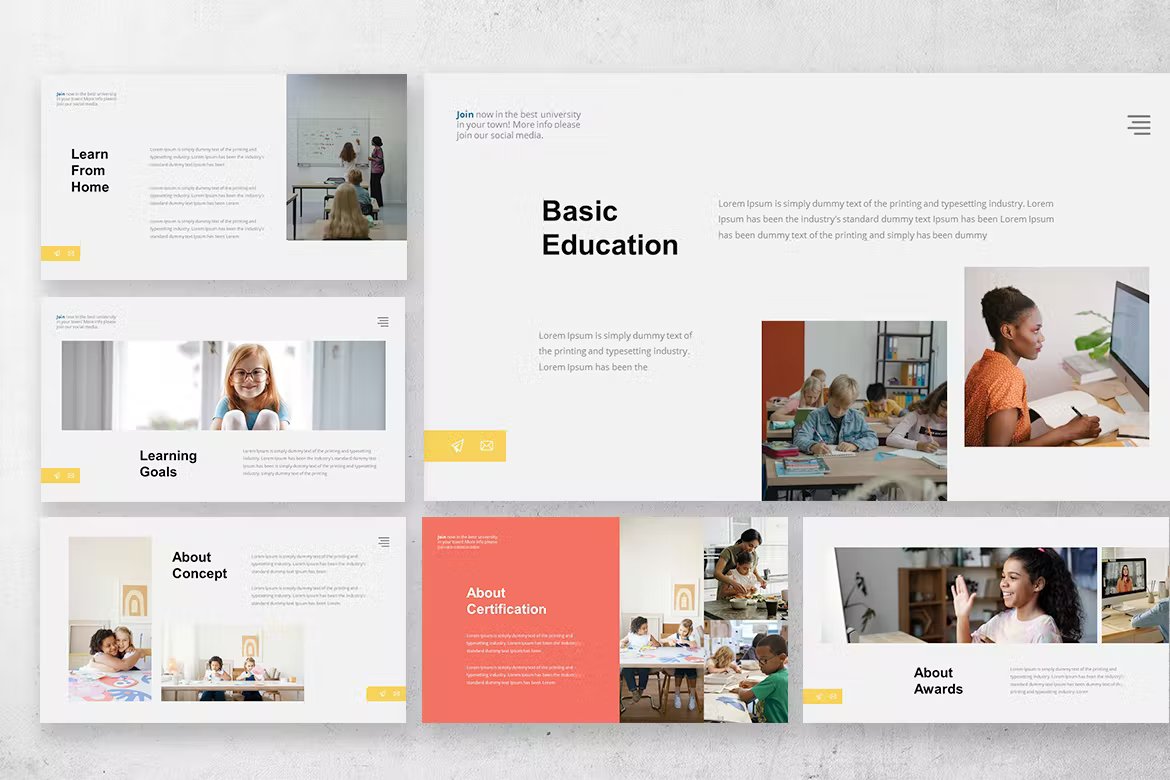 A set of 6 different education college presentation templates in white, black, yellow and pink on a gray background.