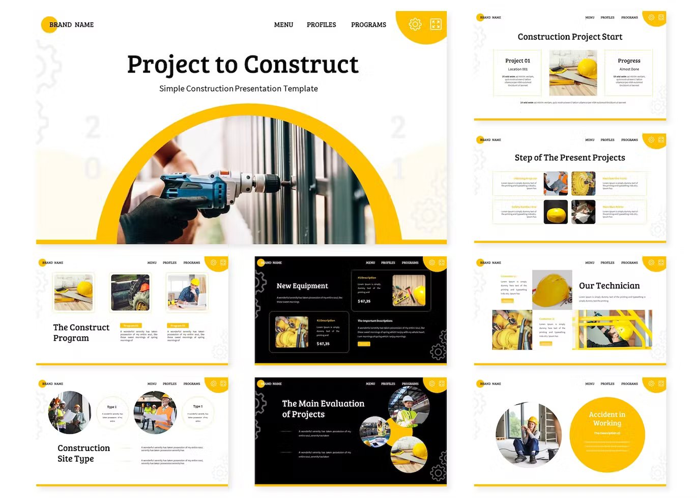 A set of 9 different project to construct presentation templates in white, yellow and black on a white background.