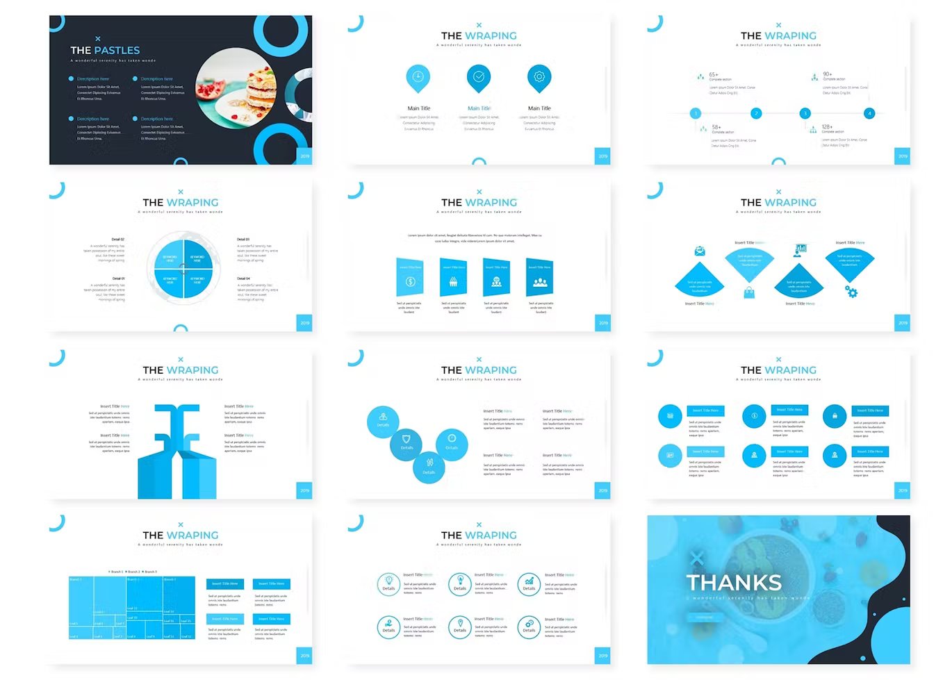 A set of 12 different cupcake google slides templates in blue, white, dark blue and black on a white background.