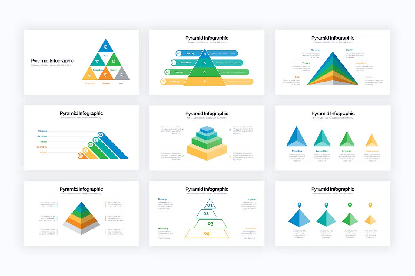 A set of 9 different business pyramid powerpoint infographics in blue, turquoise, green, yellow, orange and white on a gray background.