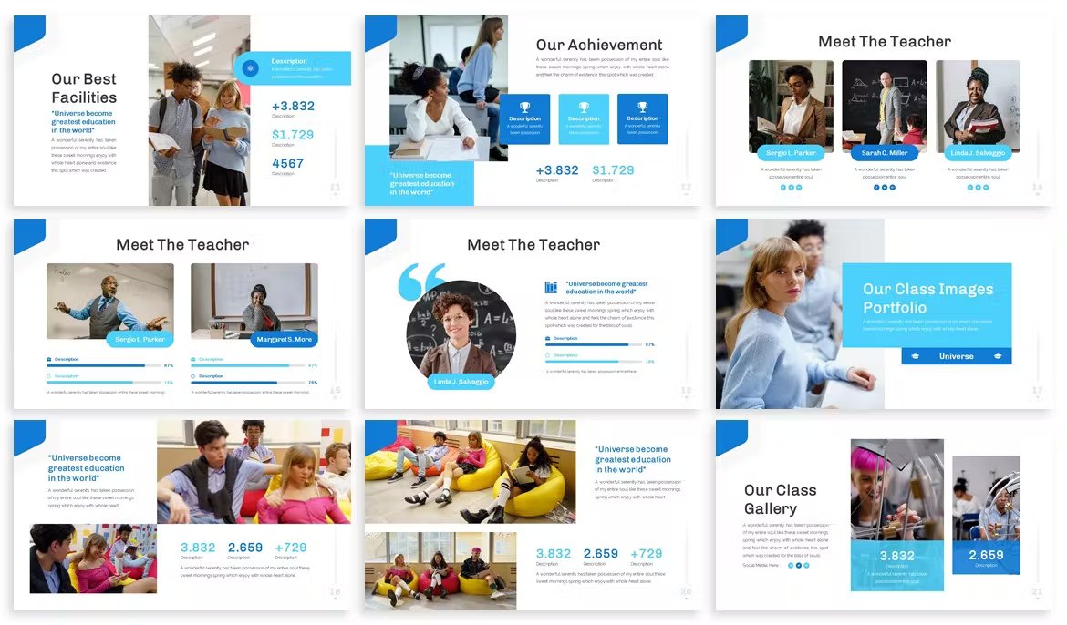 A set of 9 different universe university google slide templates in blue, white, light blue and black on a white background.