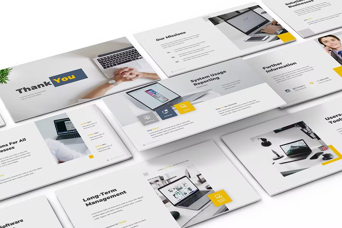 A set of different IT support powerpoint templates in white, black and yellow on a white background.