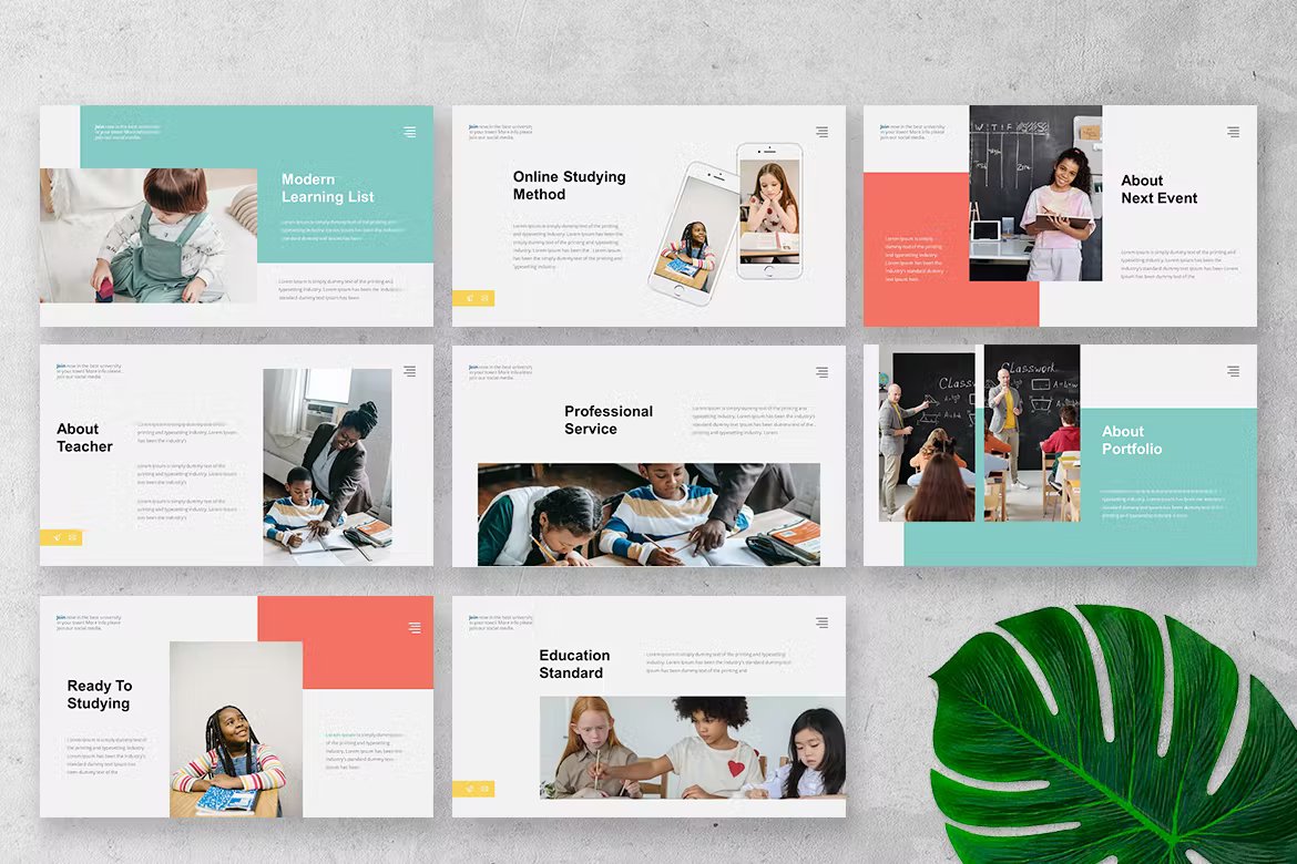 A set of 8 different education college presentation templates in white, black, light blue, yellow and pink on a gray background.