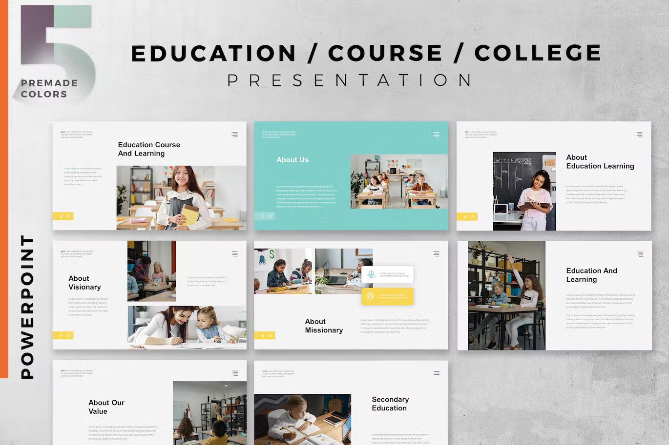 A set of 8 different education college presentation templates in white, black, light blue and yellow on a gray background.