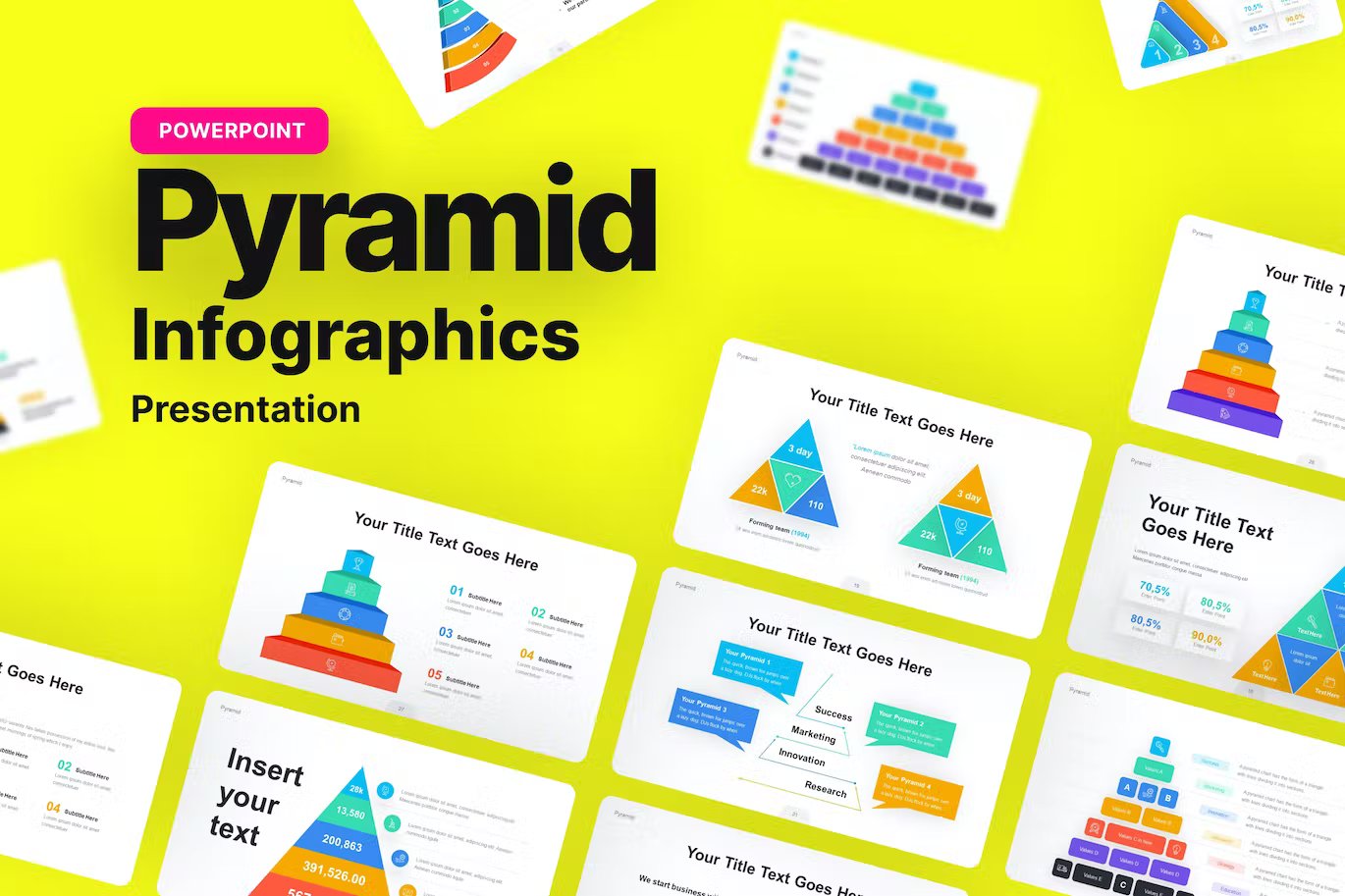Black lettering "Pyramid Infographic Presentation" and different presentation templates on a yellow background.