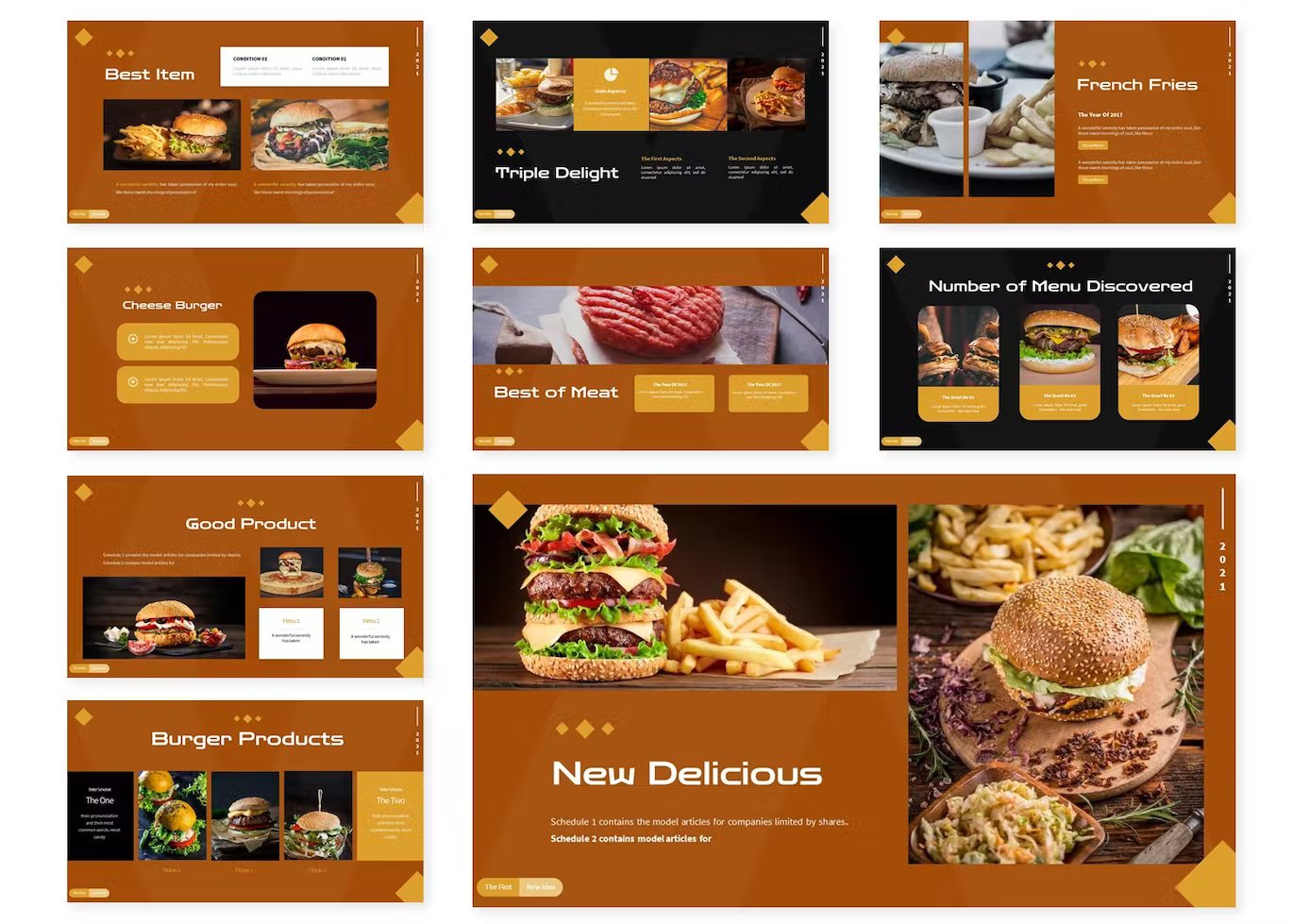 A set of 9 different burger products google slides templates in brown, yellow, white and black on a white background.