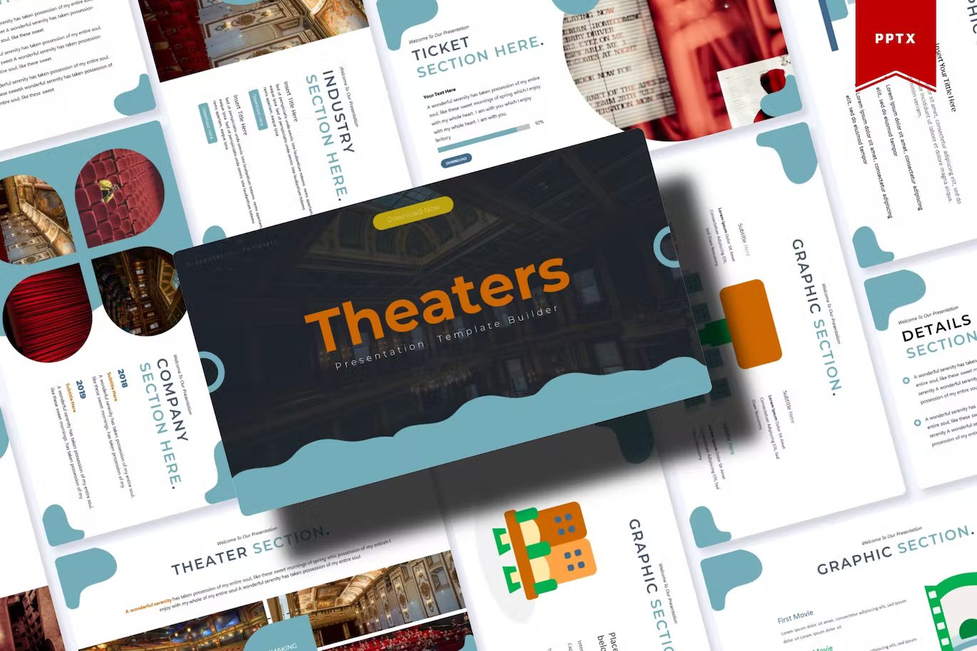 A set of different theaters presentation templates in blue, black and white on a white background.