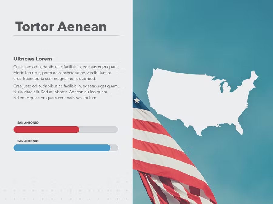 A turquoise and gray presentation template with black lettering "Tortor Aenean" and gray map.