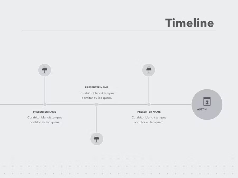 A gray presentation template with black lettering "Timeline" and gray timeline.