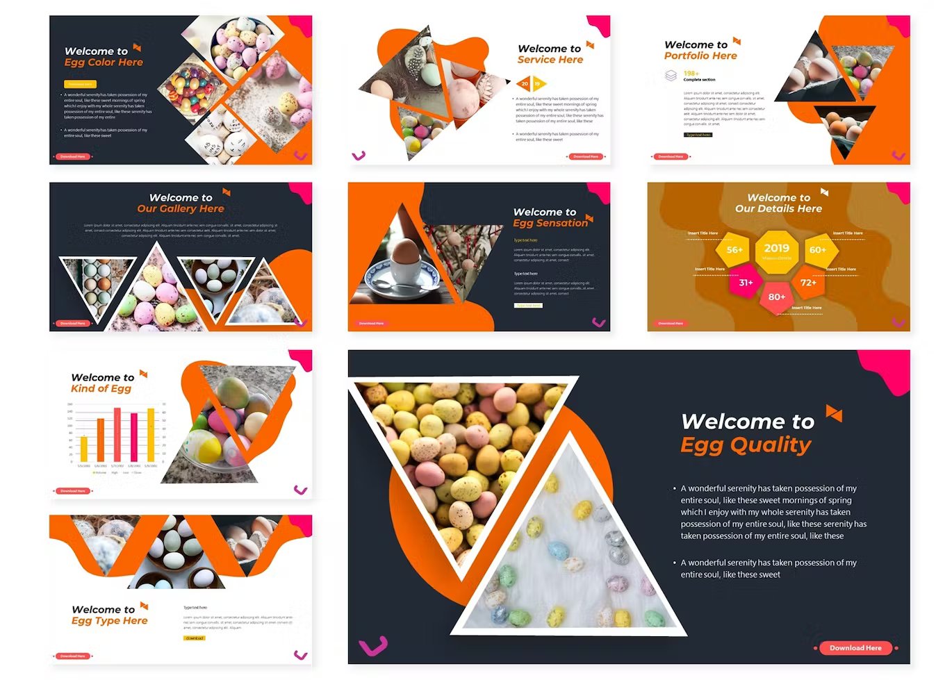 A set of 9 different the easter keynote templates in orange, white, dark gray, yellow and pink on a white background.