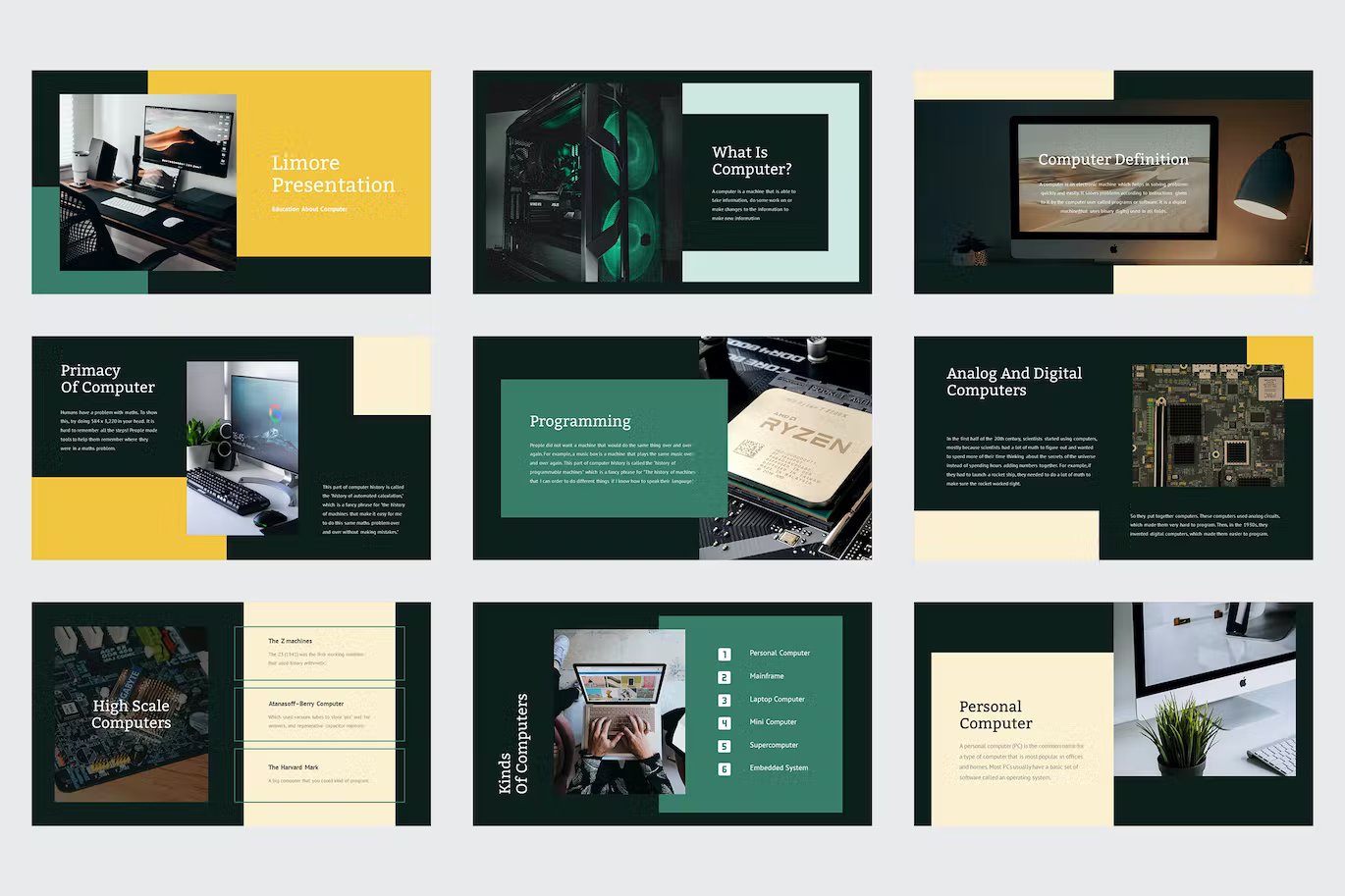 9 different presentation templates in green, white, black and yellow.