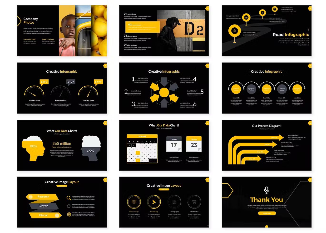 A set of 12 different executive - powerpoint templates in black, white and yellow on a white background.