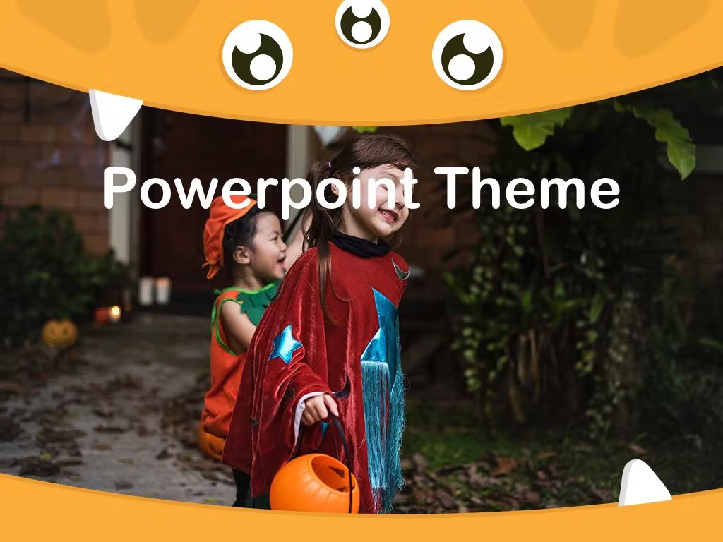 White lettering "Powerpoint Theme" on a photo with children in a orange critter.