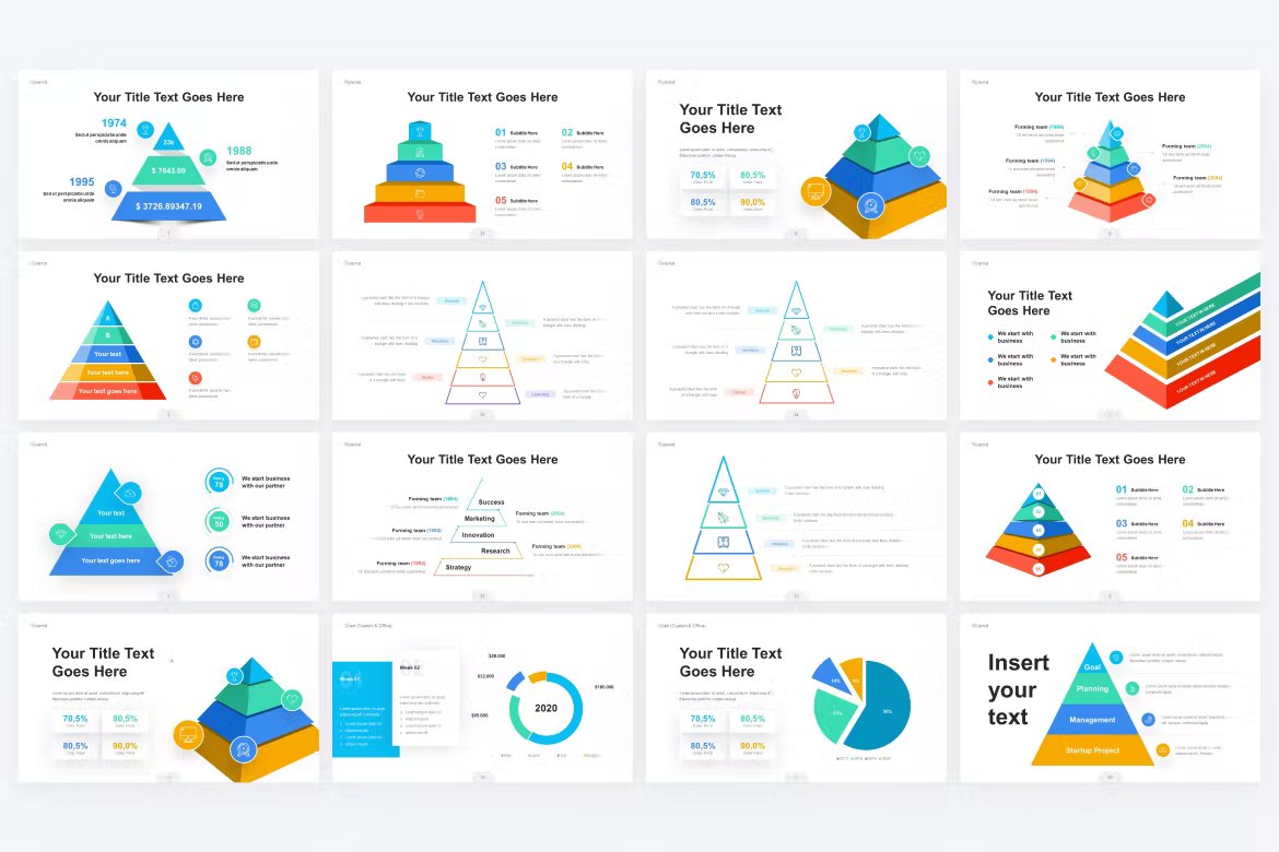 A set of 16 different pyramid chart infographic powerpoint template in blue, green, orange, red and white on a gray background.