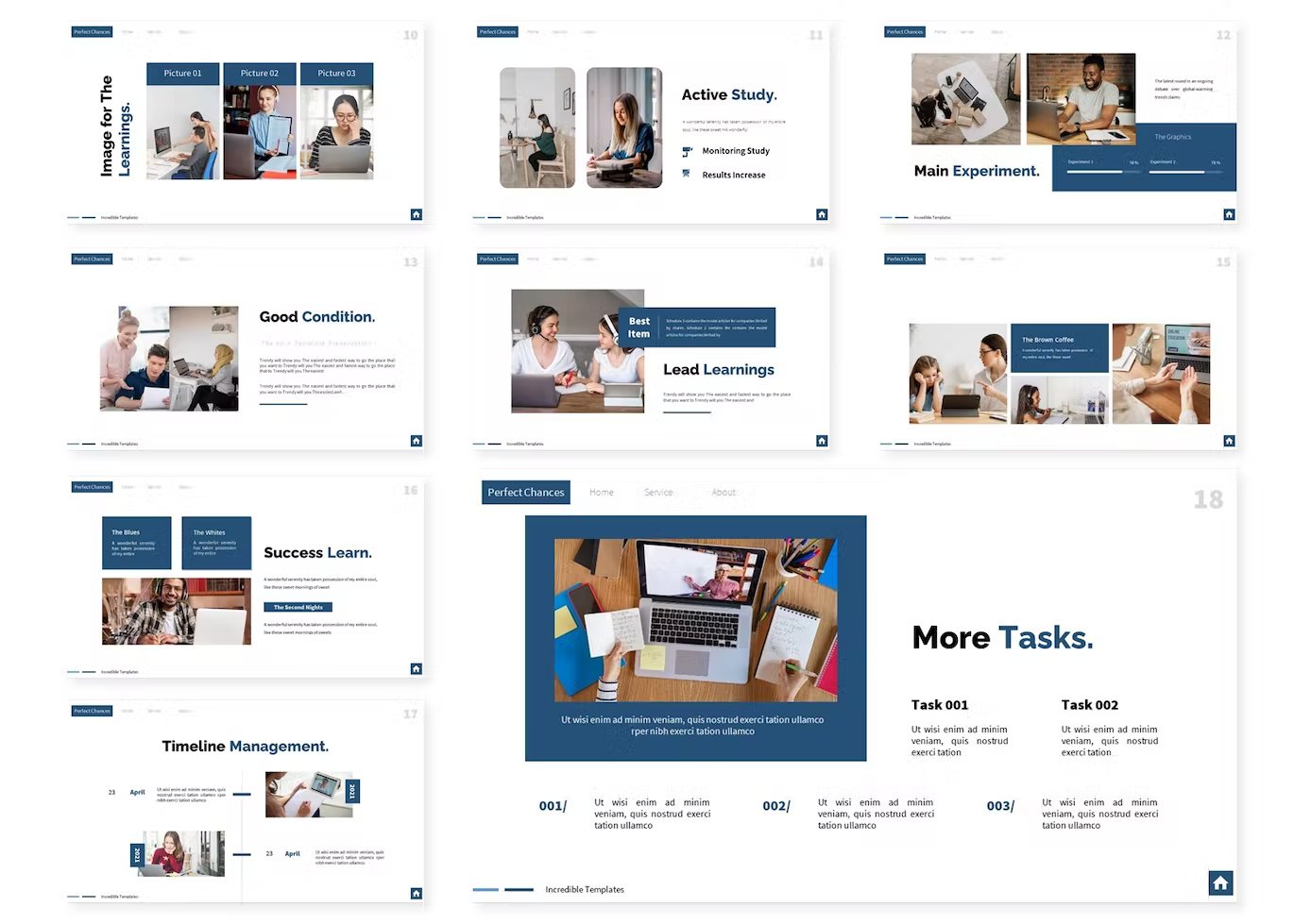 A set of 9 different techno learnings powerpoint templates in white, blue and black on a white background.
