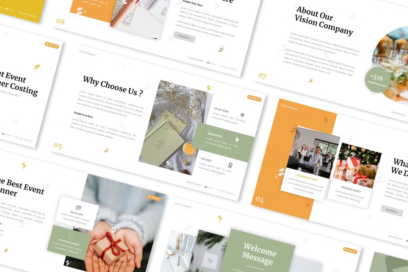 A set of different event planner powerpoint presentation templates.