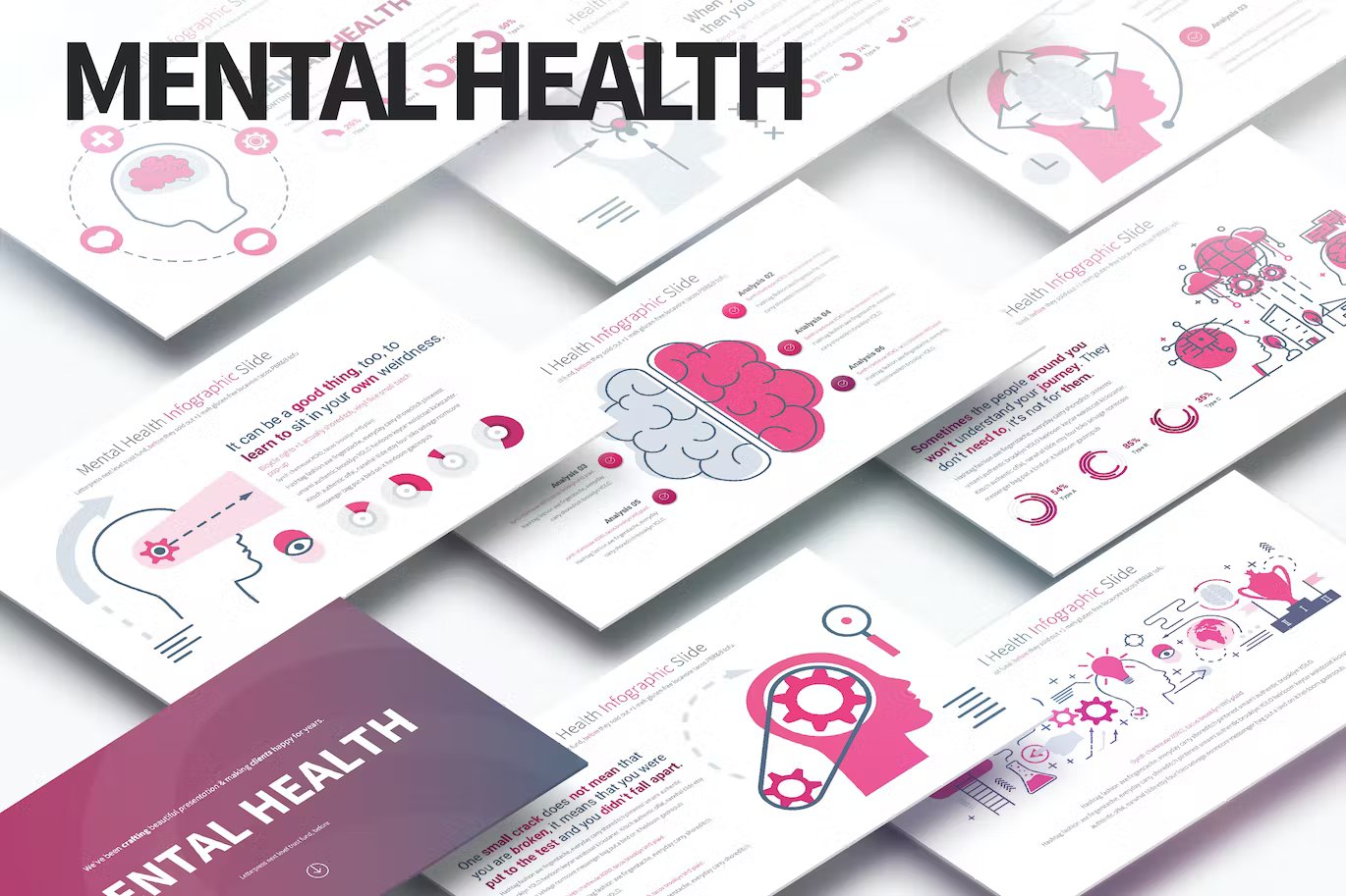 Black lettering "Mental Health" on the background of different presentation templates.