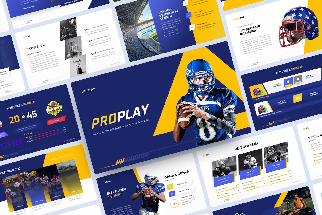 A set of different american football sports powerpoint templates in blue, white and yellow on a light blue background.